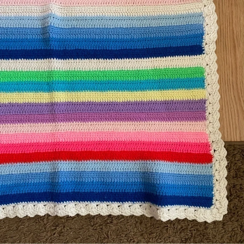 Vintage Rainbow Stripe Baby Blanket Hand Knit Crochet Kids Red Pink Blue Green